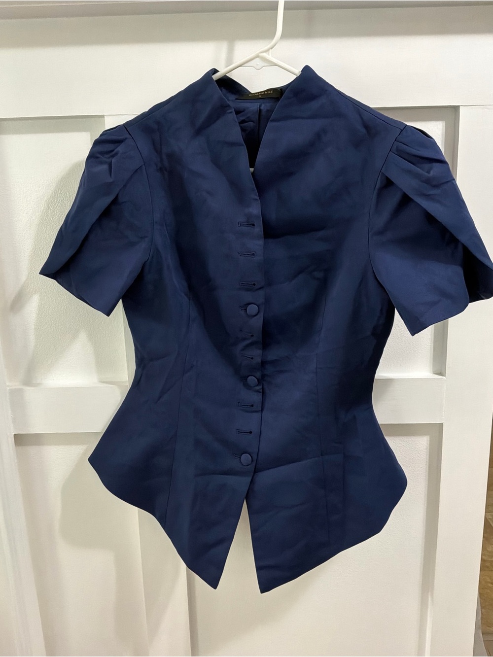 Commense Navy Structured Short-Sleeve Peplum Blouse